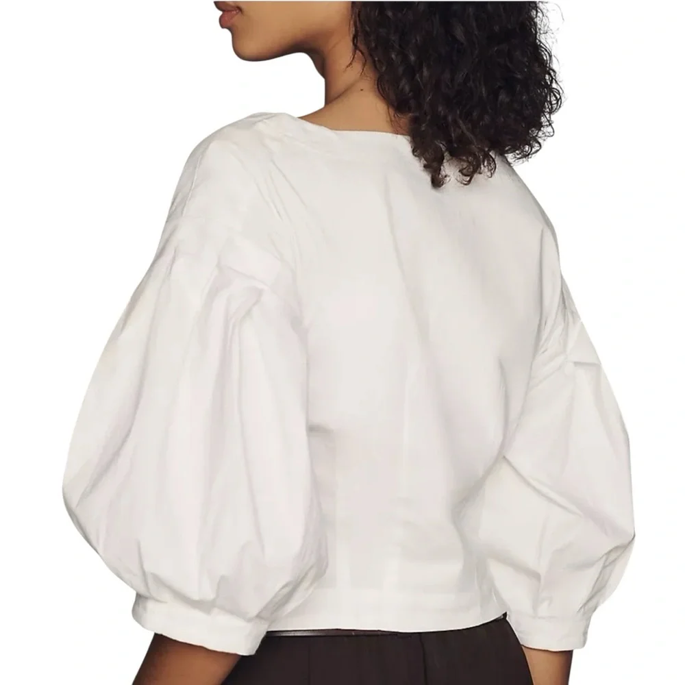 Anthropologie Drop Shoulder Puff Sleeve Blouse Size Large White